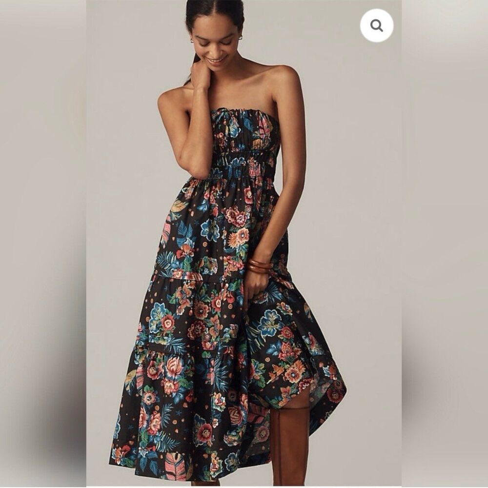 Anthropologie The Somerset Strapless Maxi Dress Smock Black Floral size XL NWT